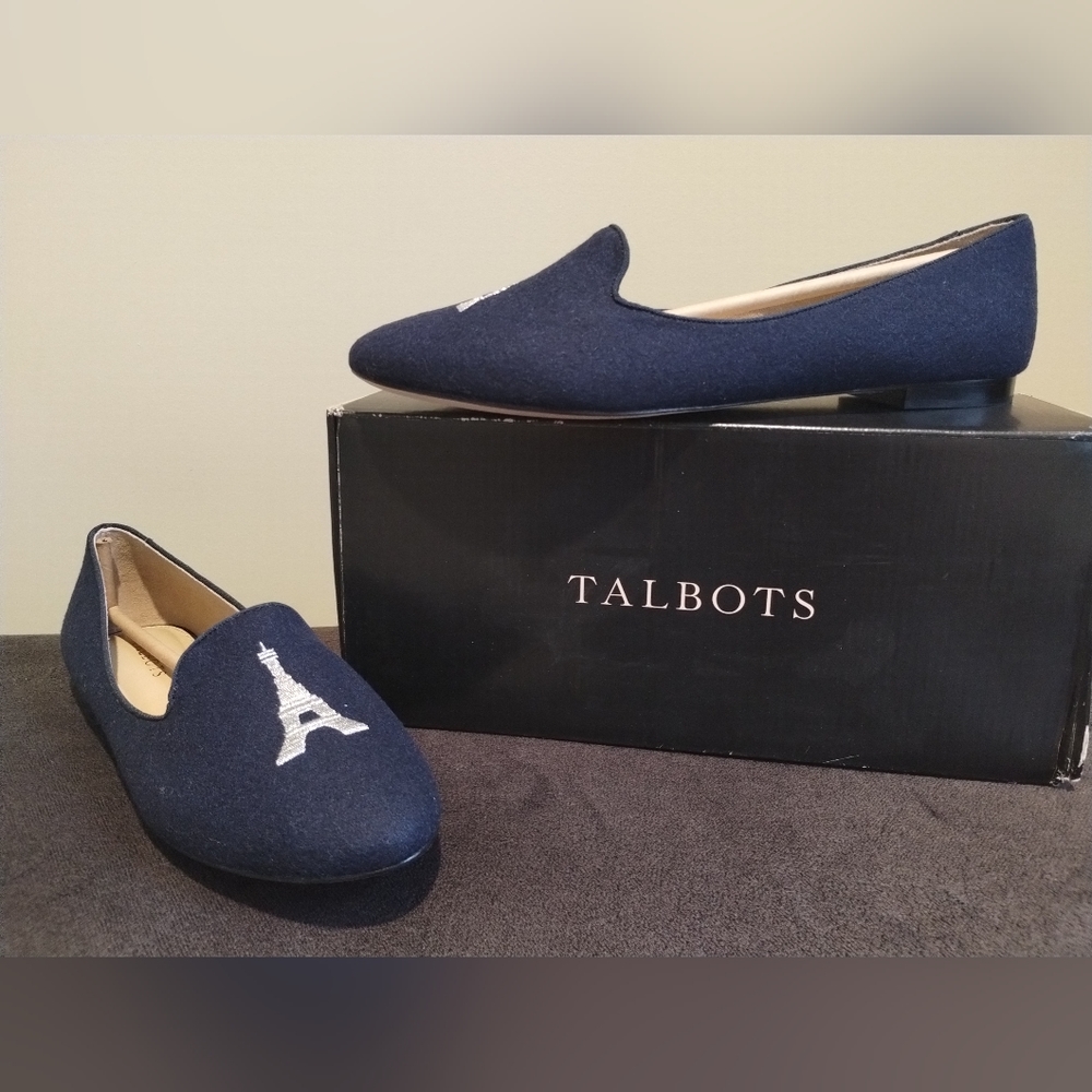 NEW Talbots 11M shoes, Embroidered with Eiffel Tower, Wool Navy Loafers